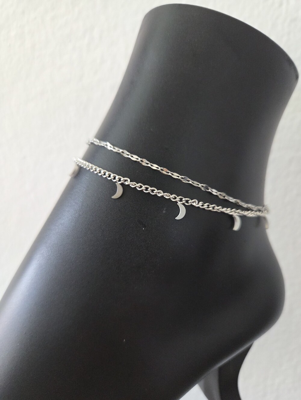 Silver Double Layer Crescent Moon Charm Anklet - Picture 6 of 12